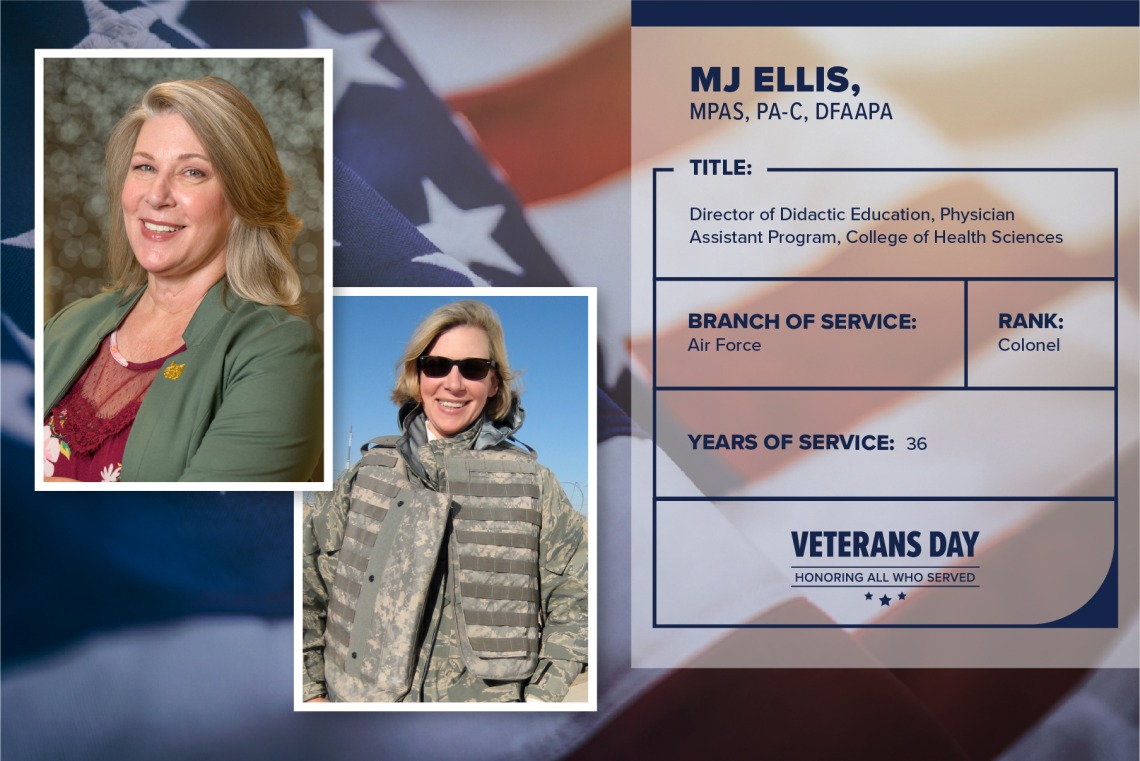 Poster with two photos of MJ Ellis, one current and one of her in uniform. Text on image has her name and this information: "Director of didactic education, Physician Assistant Program, College of Health Sciences. Branch of Service: Air Force; Rank: Colonel; years of Service: 36."