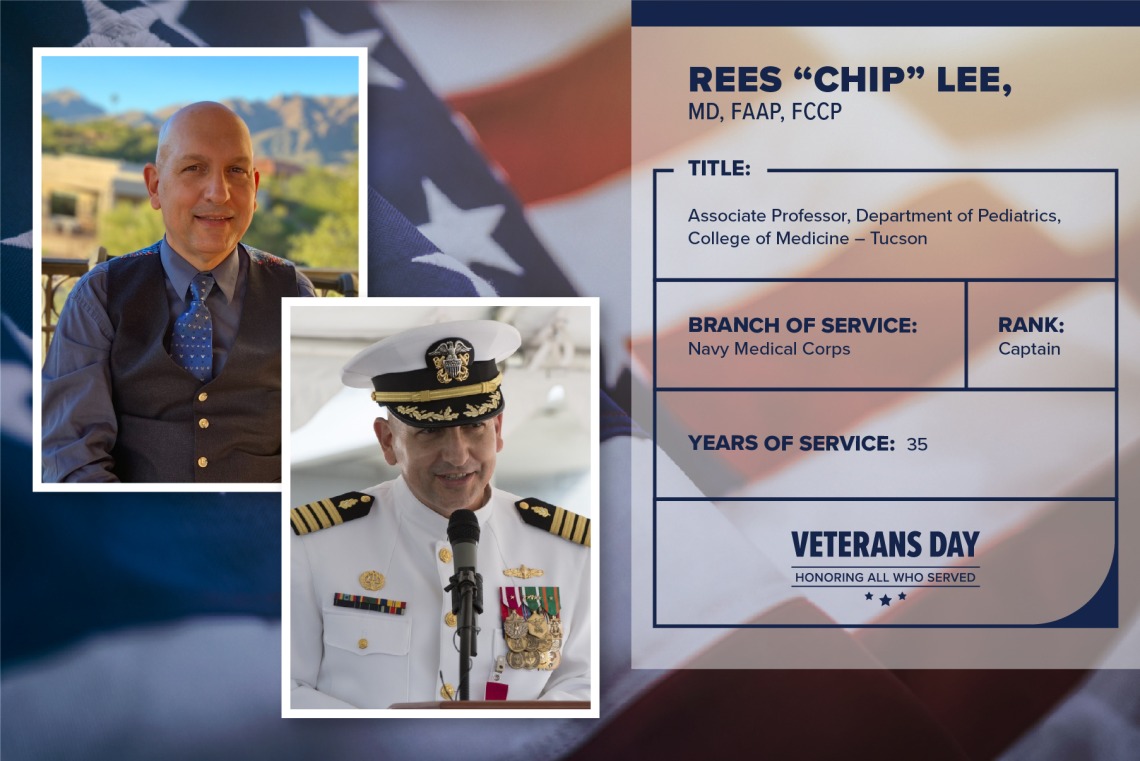 Poster with two photos of Rees "Chip" Lee, one current and one of him in uniform. Text on image has his name and this information: "Associate professor, Pediatrics, College of Medicine – Tucson. Branch of Service: Navy Medical Corps; Rank: Captain; years of Service: 35."