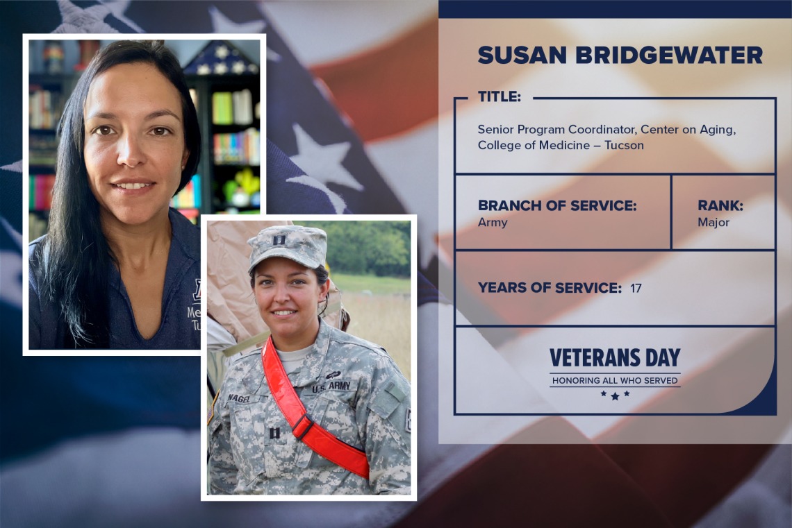 Poster with two photos of Susan Bridgewater, one current and one of her in uniform. Text on image has her name and this information: "Senior program coordinator, Center on Aging, College of Medicine – Tucson. Branch of Service: Army; Rank: Major; years of Service: 17."