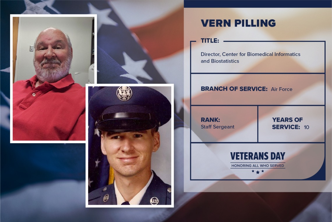 Poster with two photos of Vern Pilling, one current and one of him in uniform. Text on image has his name and this information: "Director, Center for Biomedical Informatics and Biostatistics. Branch of Service: Air Force; Rank: Staff Sergeant; years of Service: 10."