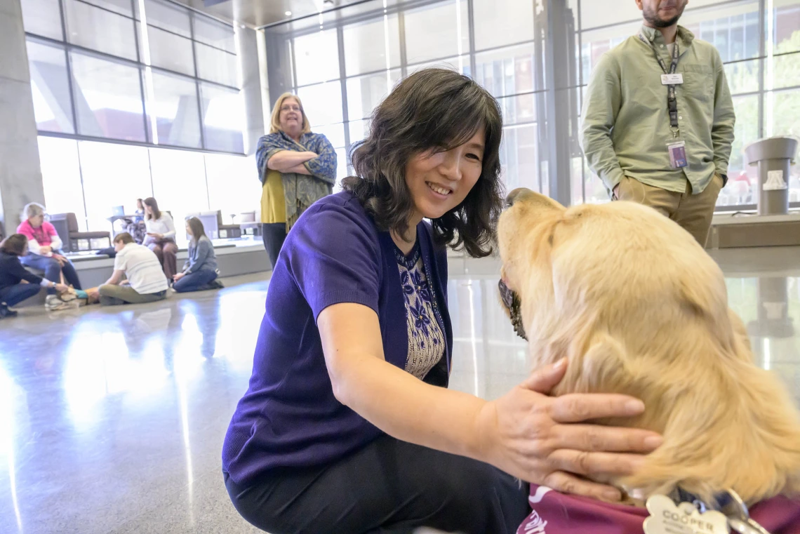 A woman squats down to pet a large golden retriever while the dog looks at her face to face. 