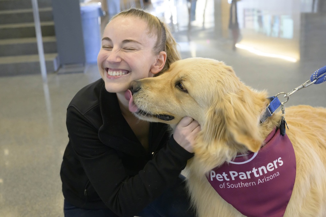 A golden retriever with a neck scarf that reads “Pet Partners” licks the face of a smiling young woman as she pets it. 