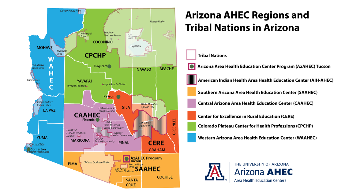 map of Arizona Area Eduction Health Centers by county