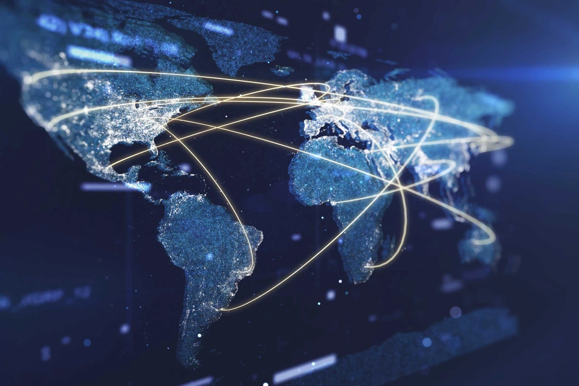 An illustration of the globe with paths representing information criss-crossing various nations