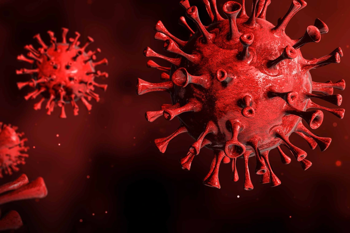 3D illustration of a red coronavirus on a red background