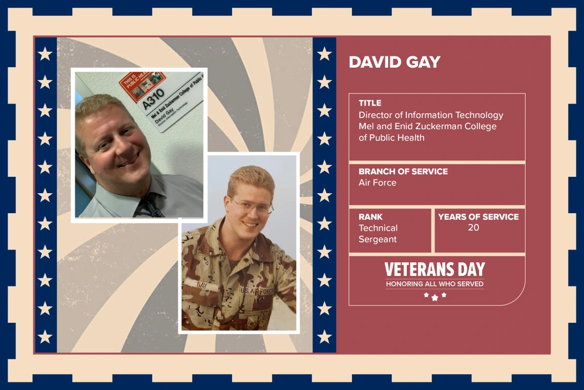 Poster with two photos of David Gay, one current and one of him in uniform. Text on image has his name and this information: "Director of Information Technology Mel and Enid Zuckerman College of Public Health. Branch of Service: Air Force; Rank: Technical Sergeant; Years of Service: 20."