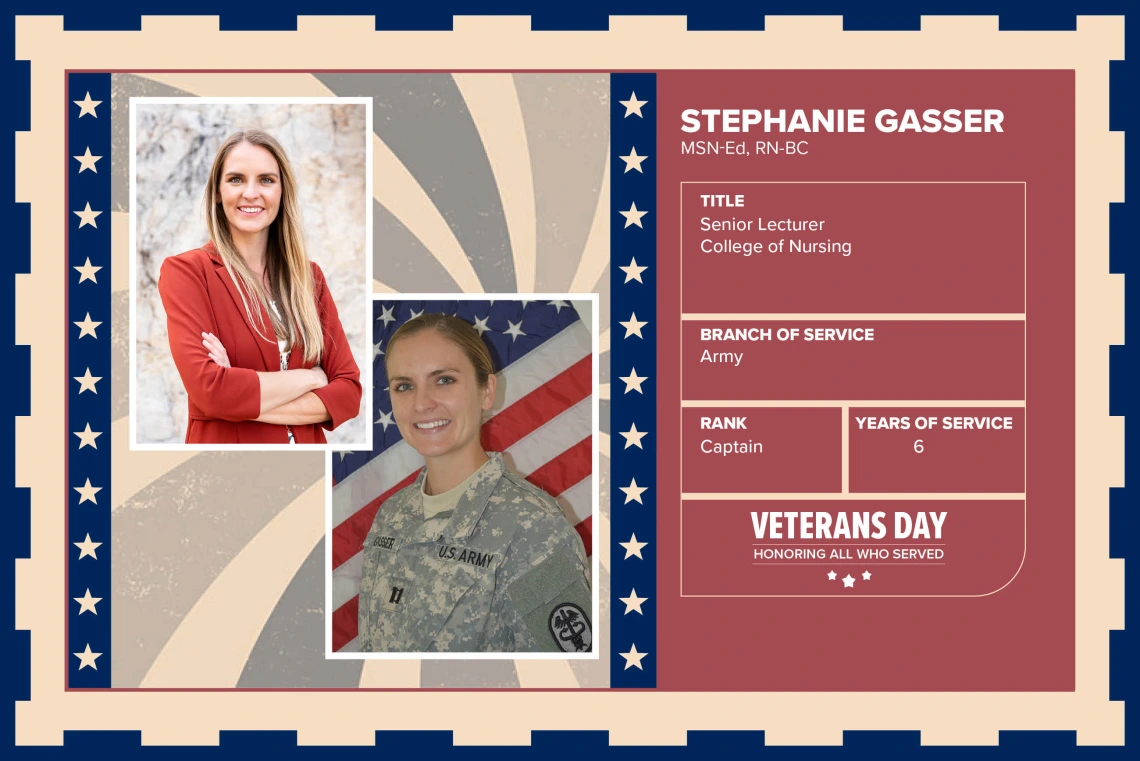 Poster with two photos of Stephanie Gasser, MSN-Ed, RN-BC, one current and one of her in uniform. Text on image has her name and this information: "Senior Lecturer College of Nursing. Branch of Service: Army; Rank: Captain; Years of Service: 6."