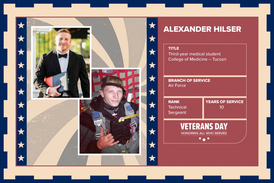 Poster with two photos of Alexander Hilser, one current and one of him in uniform. Text on image has his name and this information: “Third-year medical student, College of Medicine – Tucson. Branch of Service: Air Force; Rank: Technical Sergeant; Years of Service: 10."