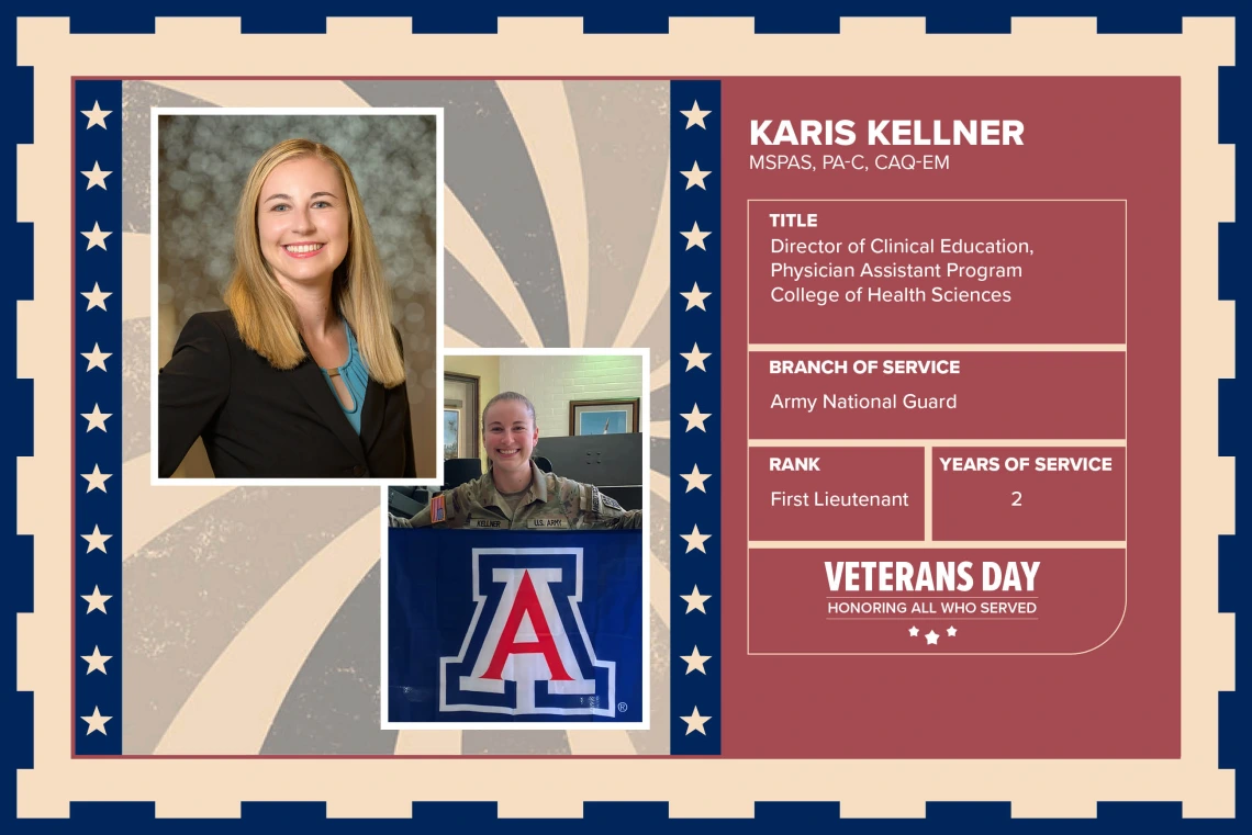 Poster with two photos of Karis Kellner, MSPAS, PA-C, CAQ-EM, one current and one of her in uniform. Text on image has her name and this information: "Director of Clinical Education, Physician Assistant Program, College of Health Sciences. Branch of Service: Army National Guard; Rank: First Lieutenant; Years of Service: 2."