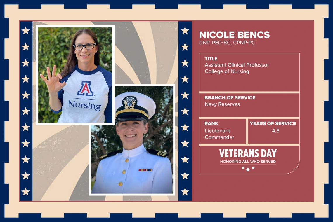 Poster with two photos of Nicole Benks, DNP, PED-BC, CPNP-PC, one current and one of her in uniform. Text on image has her name and this information: "Assistant Clinical Professor College of Nursing. Branch of Service: Navy Reserves; Rank: Lieutenant Commander; Years of Service: 4.5."