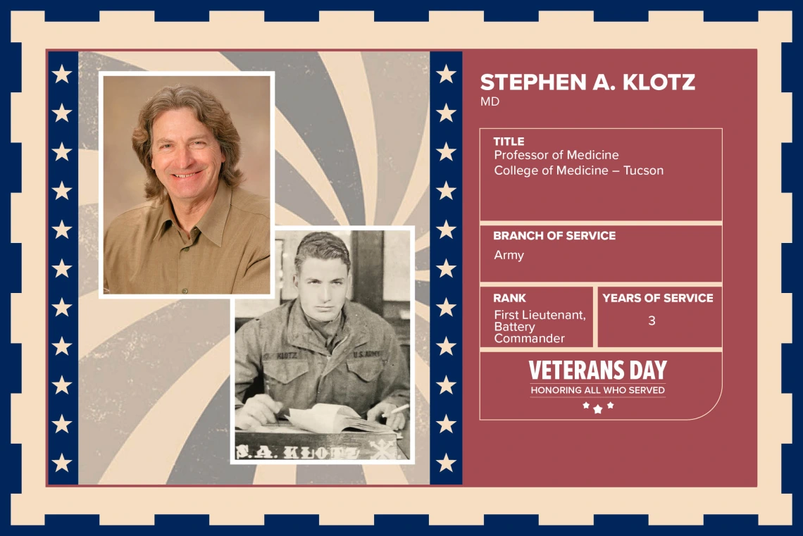 Poster with two photos of Stephen A. Klotz, MD, one current and one of him in uniform. Text on image has his name and this information: “Professor of Medicine, College of Medicine – Tucson. Branch of Service: Army; Rank: First Lieutenant, Battery Commander; Years of Service: 3."