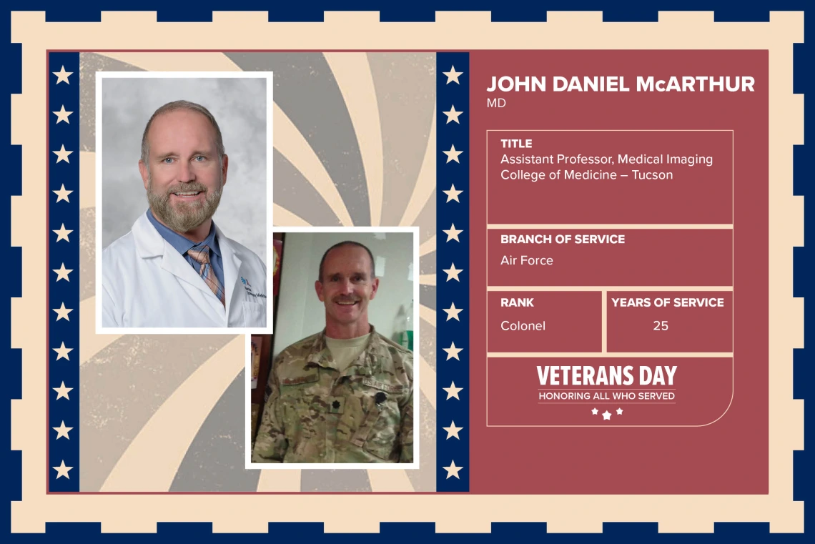 Poster with two photos of John Daniel McArthur, MD, one current and one of him in uniform. Text on image has his name and this information: “Assistant Professor, Medical Imaging College of Medicine – Tucson. Branch of Service: Air Force; Rank: Colonel; Years of Service: 25."