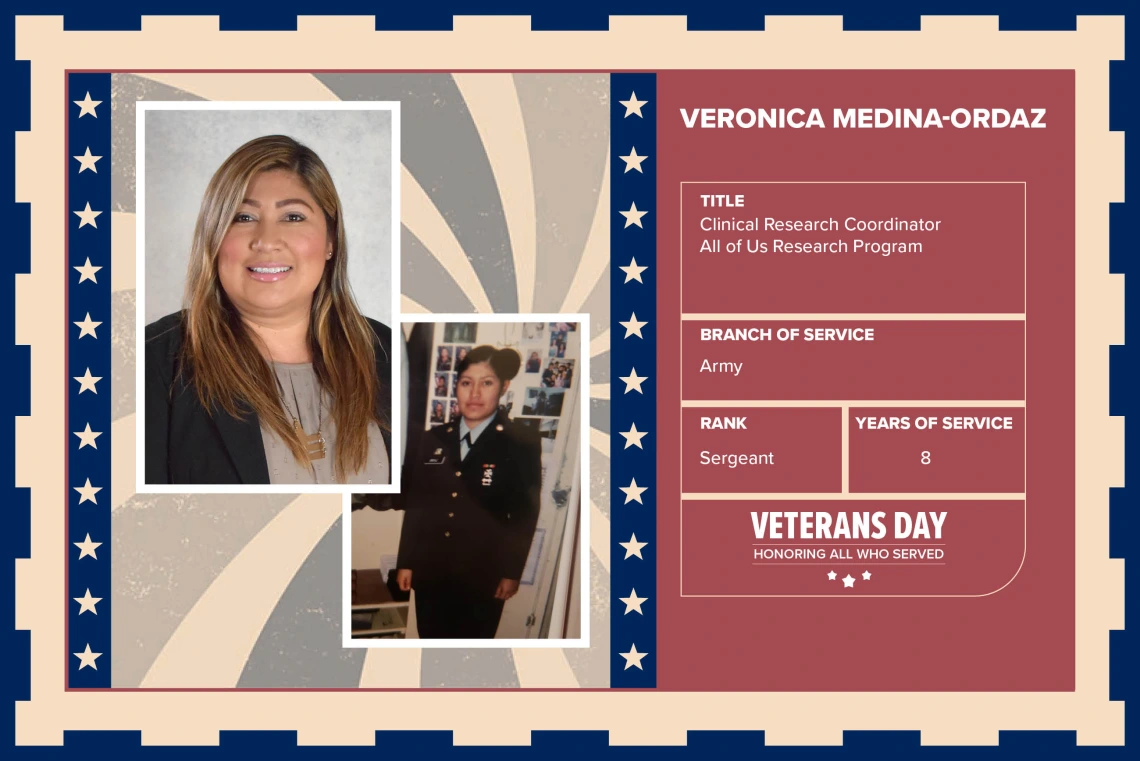 Poster with two photos of Veronica Medina-Ordaz, one current and one of her in uniform. Text on image has her name and this information: "Clinical Research Coordinator All of Us Research Program. Branch of Service: Army; Rank: Sergeant; Years of Service: 8."