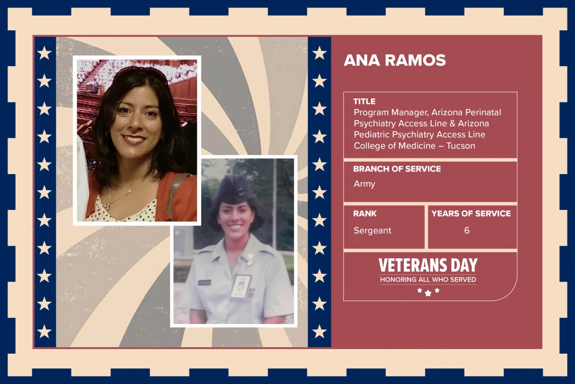 Poster with two photos of Ana Ramos, one current and one of her in uniform. Text on image has her name and this information: "Program Manager, Arizona Perinatal Psychiatry Access Line & Arizona Pediatric Psychiatry Access Line, College of Medicine – Tucson. Branch of Service: Army; Rank: Sergeant; Years of Service: 6."