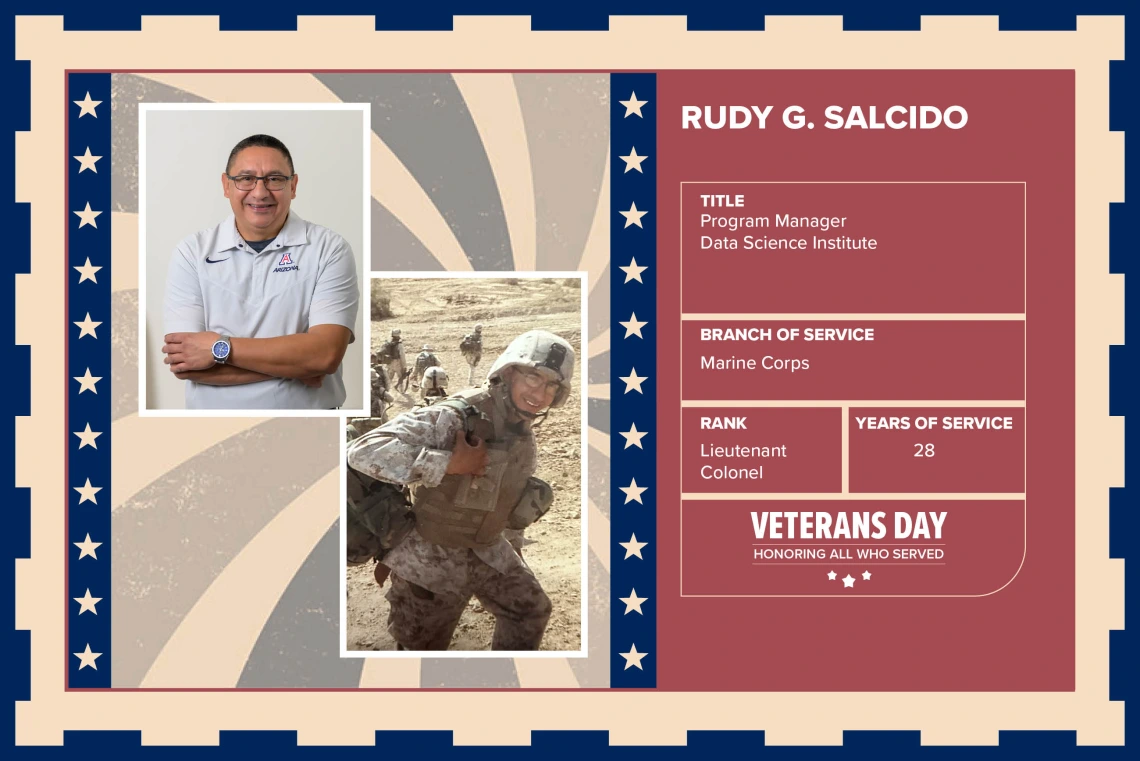 Poster with two photos of Rudy G. Salcido, one current and one of him in uniform. Text on image has his name and this information: “Program Manager, Data Science Institute. Branch of Service: Marine Corps; Rank: Lieutenant Colonel; Years of Service: 28."