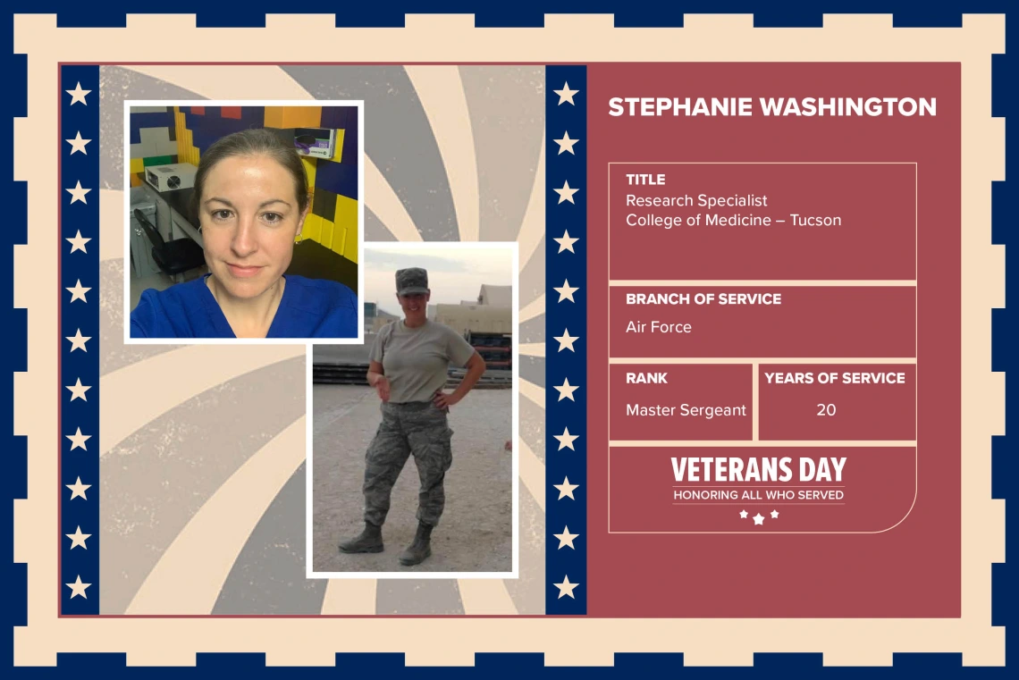 Poster with two photos of Stephanie Washington, one current and one of her in uniform. Text on image has her name and this information: "Research Specialist, College of Medicine – Tucson. Branch of Service: Air Force; Rank: Master Sergeant; Years of Service: 20."