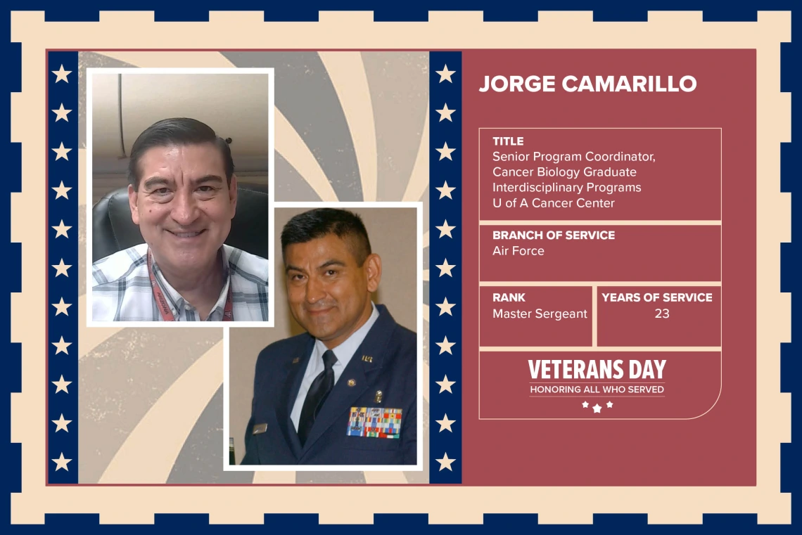 Poster with two photos of Jorge Camarillo, one current and one of him in uniform. Text on image has his name and this information: "Senior Program Coordinator, Cancer Biology Graduate Interdisciplinary Programs, U of A Cancer Center. Branch of Service: Air Force; Rank: Master Sergeant; Years of Service: 23."