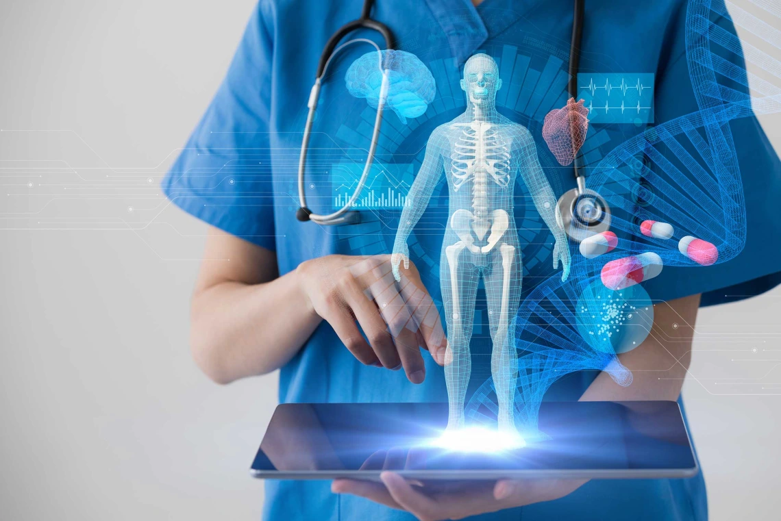 A digital illustration of a clinician holding a tablet displaying medical imagery