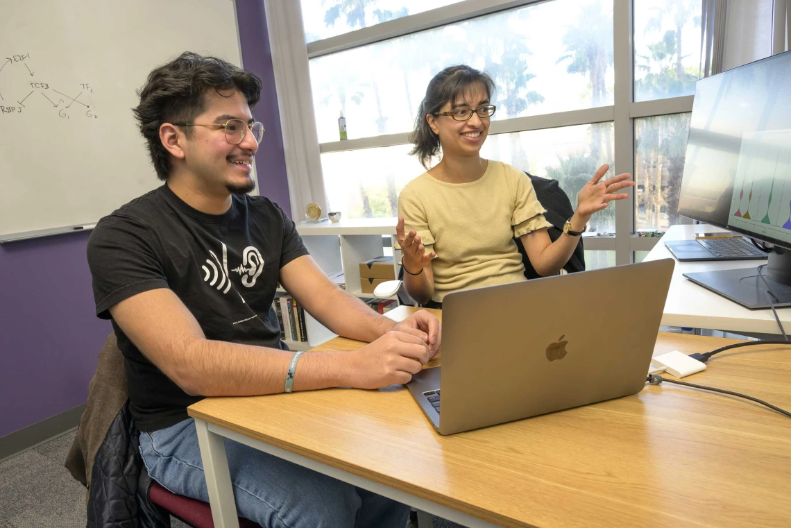 A student and faculty mentor sit at a desk looking at a computer monitor