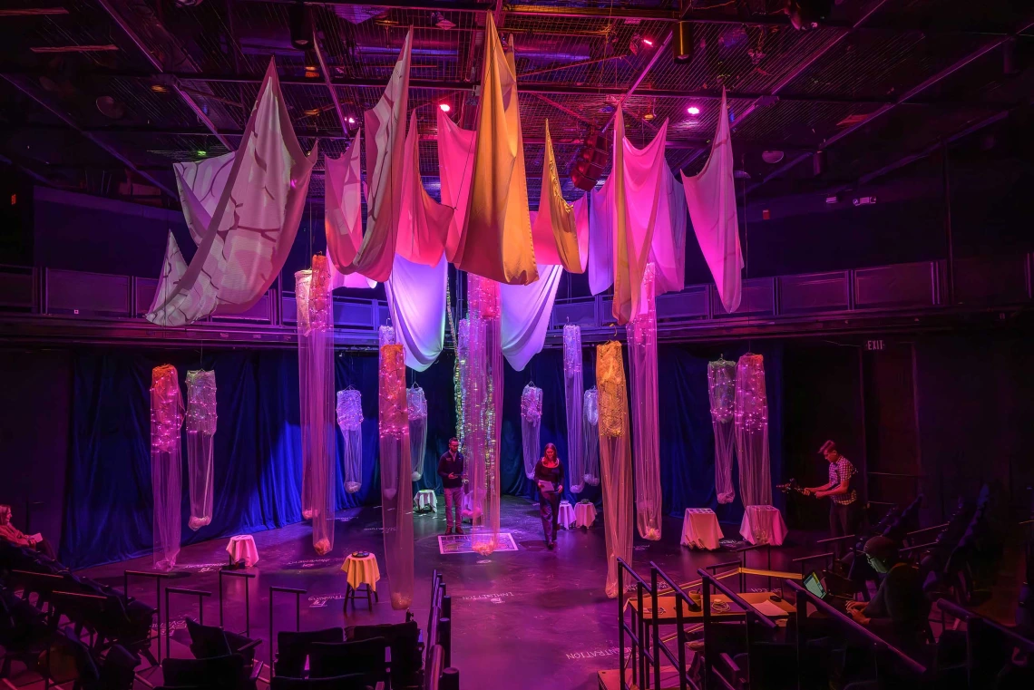 Columns of translucent pink, orange and yellow fabric representing nodes of the brain hang from the ceiling in a dimly lit round theater.