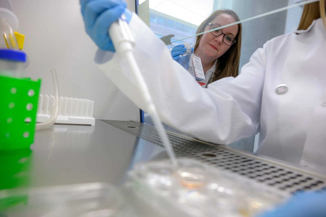 Lab researchers working with a pipette under a hood.
