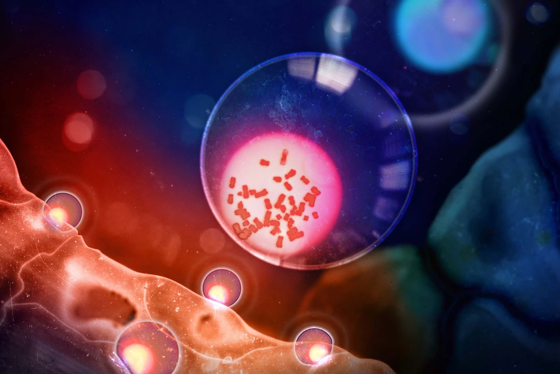 An illustration of a T cell with Y chromosomes next to a cancer tumor, with a T cell without Y chromosomes in the background