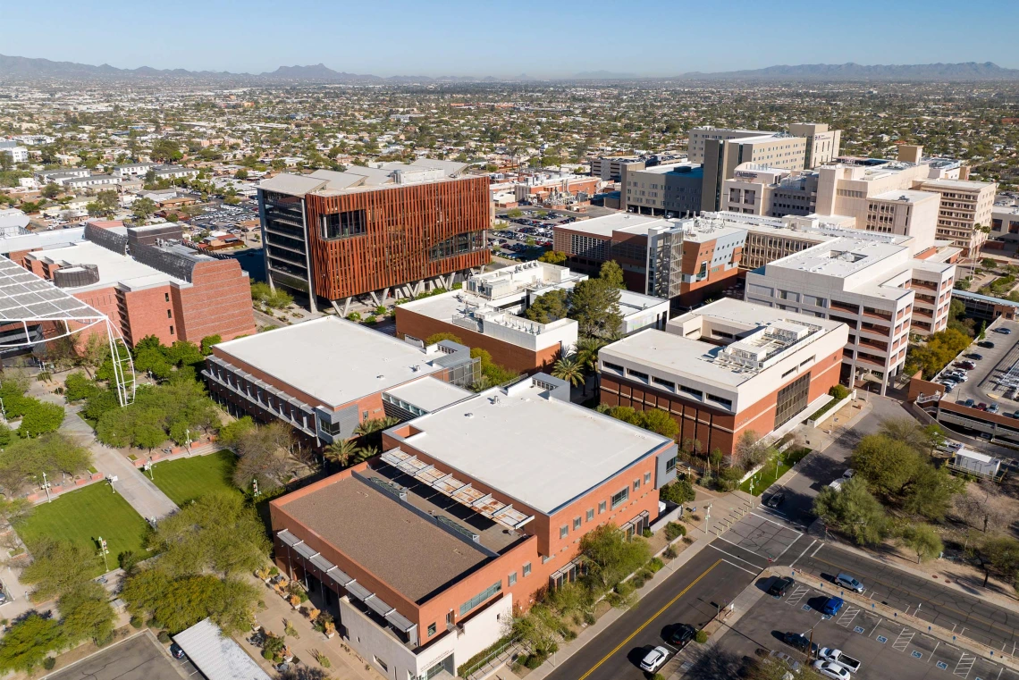 aerial drone photograph of University of Arizona campus with health sciences buildings and Banner hospital