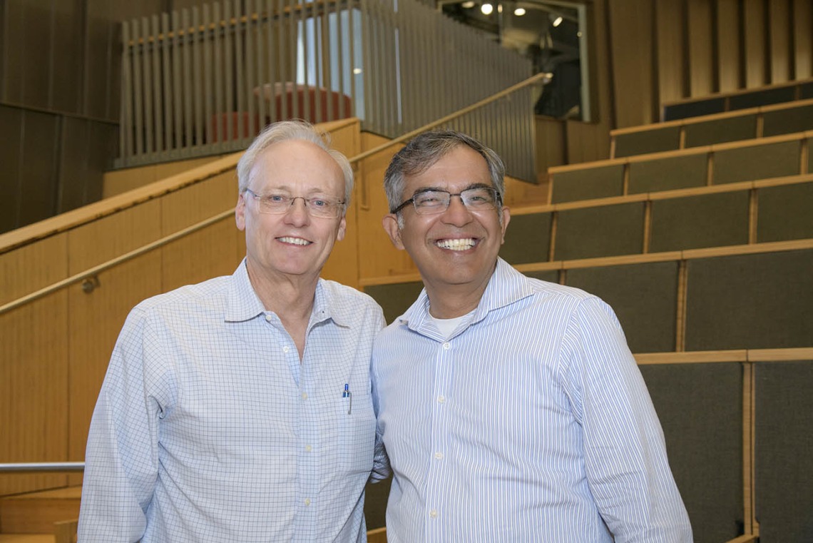 Rick Schnellmann, PhD, (left) dean of the R. Ken Coit College of Pharmacy, and Nirav Merchant, director of the Data Science Institute and director of Cyber Innovation in the Office of Research, Innovation and Impact, and a member of the BIO5 Institute, pause for a photo during the All of Us UArizona-Banner 50k Strong Arizona Celebration and Research Showcase in the Health Sciences Innovation Building.