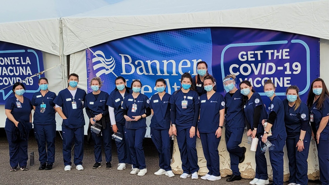 BSN-IH Level 2 students assist in COVID-19 vaccination efforts in February 2021 at a Banner POD in Maricopa County.