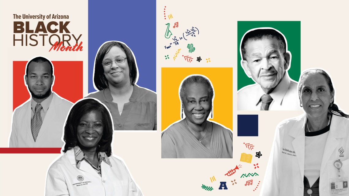 Among UArizona Health Sciences’ first Black faculty in their college, department, division or role are (from left) Nafis Shamsid-Deen, MD, FCCP; Victoria Murrain, DO; Jocelyn Nelms, MS, NEd, RN; Sheila Hill Parker, DrPH, MPH, MS; James C. Dunn, Sr., MD; and Marie Chisholm-Burns, PharmD, PhD, MPH, MBA.