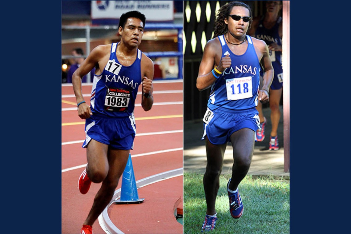 Photos side-by-side of a young man running track and field