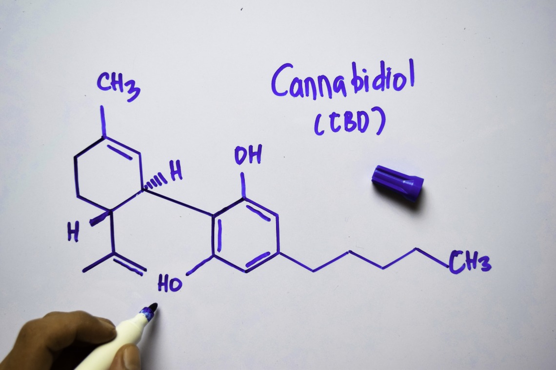 Cannabidiol (CBD) molecule written on the white board. 