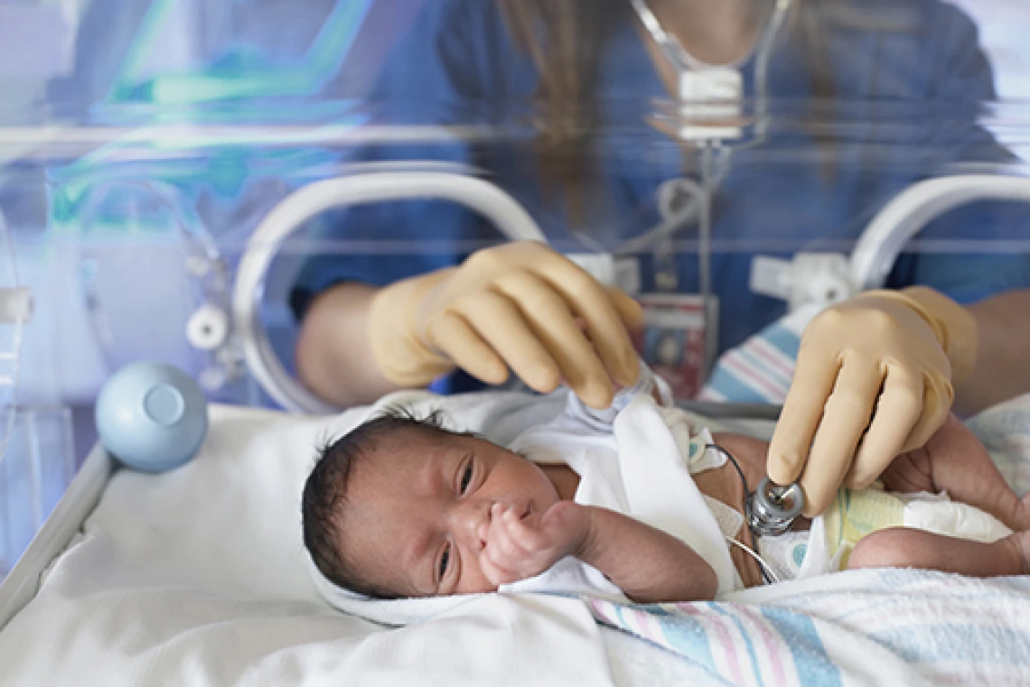 Female doctor examining newborn baby in incubator