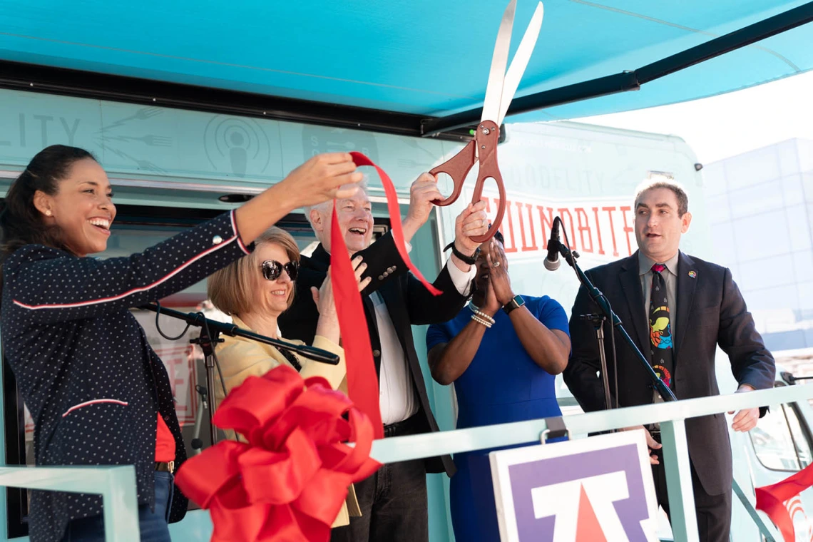 Ribbon cutting launches the 2020 Connect2STEM event on Downtown’s Phoenix’s Biomedical Campus. From left: Allison Otu, MBA, exec. dir., corporate and community relations, University of Arizona Health Sciences; State Sen. Heather Carter, professor at the Mel and Enid Zuckerman College of Public Health; Guy Reed, MD, MS, dean, College of Medicine - Phoenix; Jackie Hunter, DC, MHA, director of diversity and outreach, Banner Health; Jeremy Badendure, PhD, exec. dir., Arizona SciTech Festival.