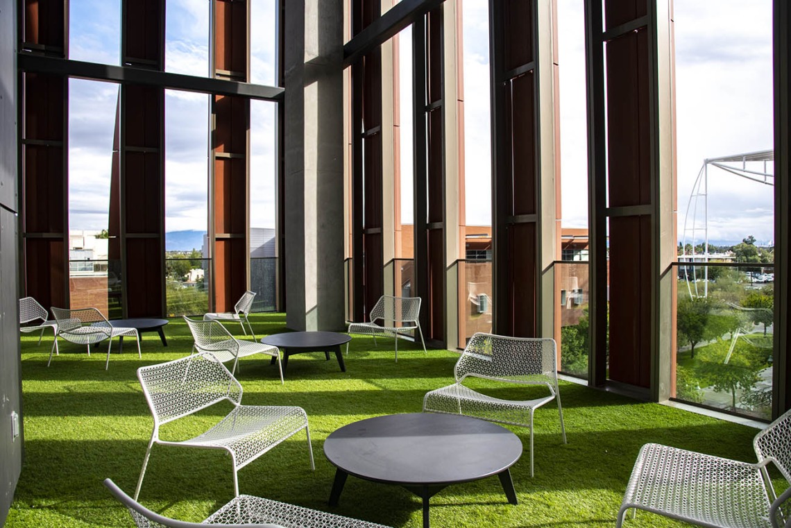 This fourth floor, open-air porch is in the southeast corner of the Health Sciences Innovation Building. Yes, that is artificial grass underfoot, so don’t be surprised if you see someone sprawled out taking a quick nap between classes or meetings. 