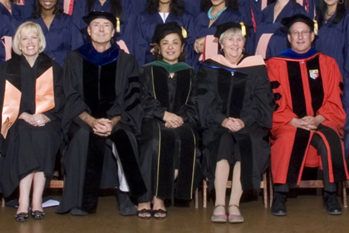 2009 Mel and Enid Zuckerman College of Public Health convocation. From left: Chris Tisch, assistant dean of student and alumni affairs; Duane Sherrill, PhD, associate dean of research; Dean Iman Hakim, MD, PhD, MPH; Jill de Zapien, program director in the Health Promotion Sciences Department; Douglas Taren, PhD, director of the Western Region Public Health Training Center.