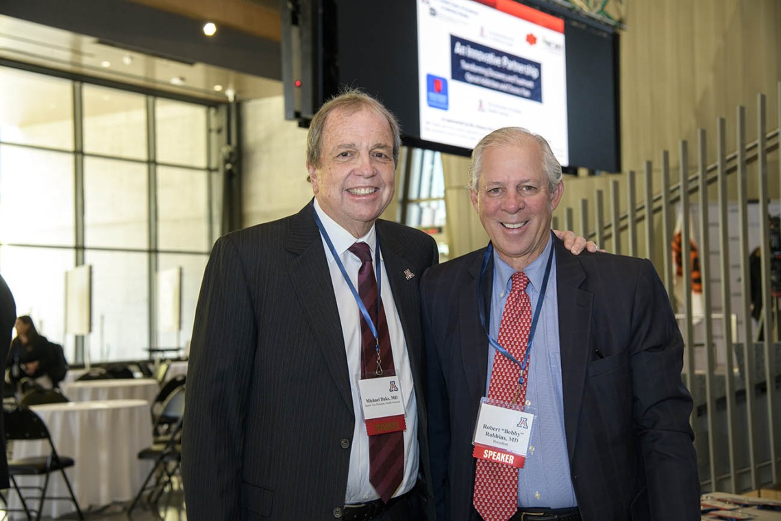 Michael D. Dake, MD, senior vice president for the University of Arizona Health Sciences, and University of Arizona President Robert C. Robbins, MD, gave opening remarks during the event on April 29.