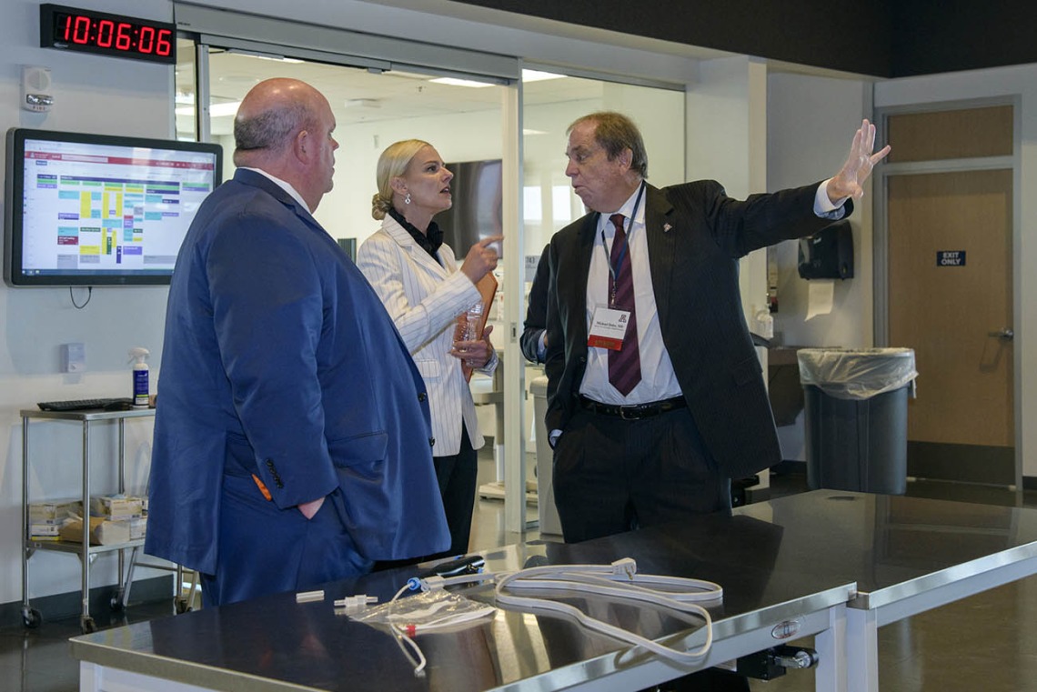 Michael D. Dake, MD, hosts a tour of the Arizona Simulation and Technology Education Center for Okahoma State University President Kayce Shrum, DO, and OSU Center for Health Sciences President Johnny Stephens, PharmD.