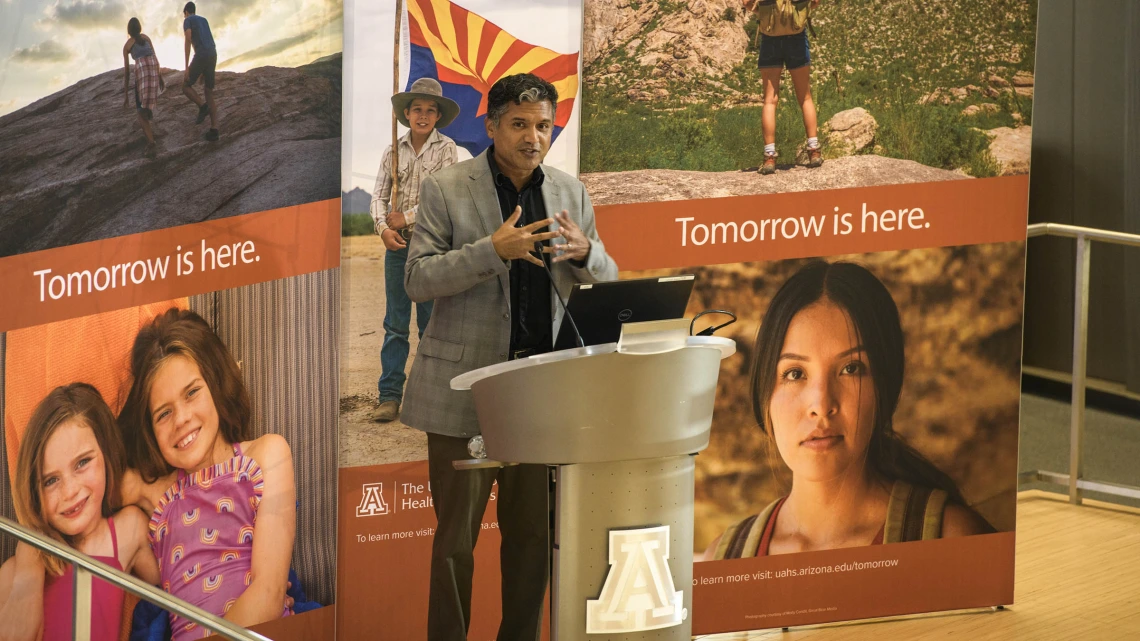 Deepta Bhattacharya, PhD, professor of immunobiology in the University of Arizona College of Medicine – Tucson, presented “A New Era for Science: Creating New Defenses Against Disease After COVID-19” at the first UArizona Health Sciences Tomorrow is Here Lecture Series event in Tucson on May 16. 