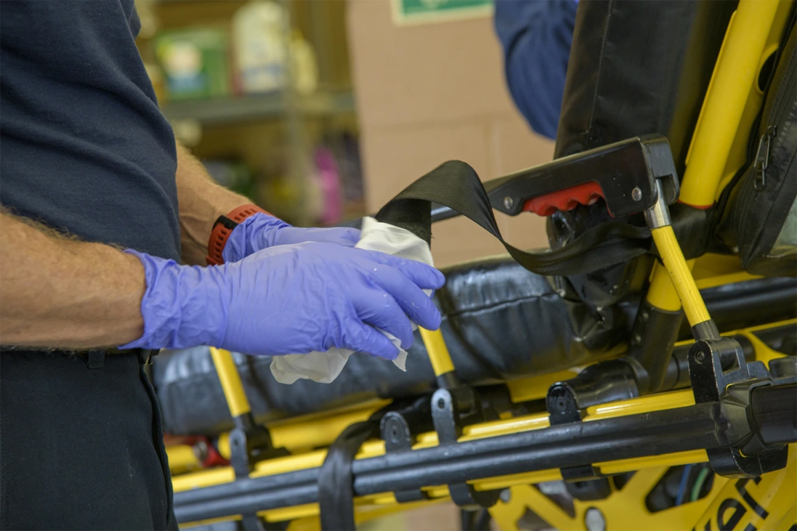 Tucson Fire Department personnel sanitize equipment after transporting a possible COVID-19 patient to the hospital. The University of Arizona Mel and Enid Zuckerman College of Public Health worked in conjunction with Tucson Fire Department and the Western Regional Public Health Training Center to create a training video about protocols for first responders to avoid infection during an outbreak.