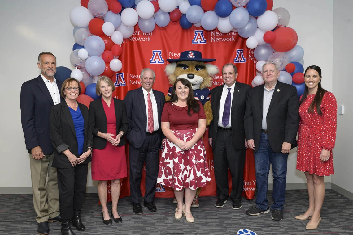 Gilbert town council members and mayor join UArizona leadership and Wilbur Wildcat for the College of Nursing’s ribbon-cutting ceremony in Gilbert, Arizona. 