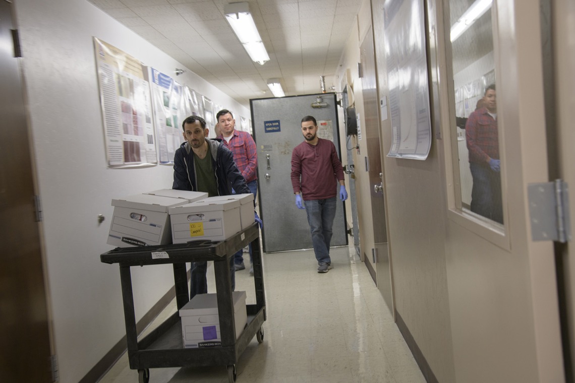 Biorepository lab technicians use a cart to move boxes of sample collection kits to deliver to Banner-University Medical Center Tucson. 
