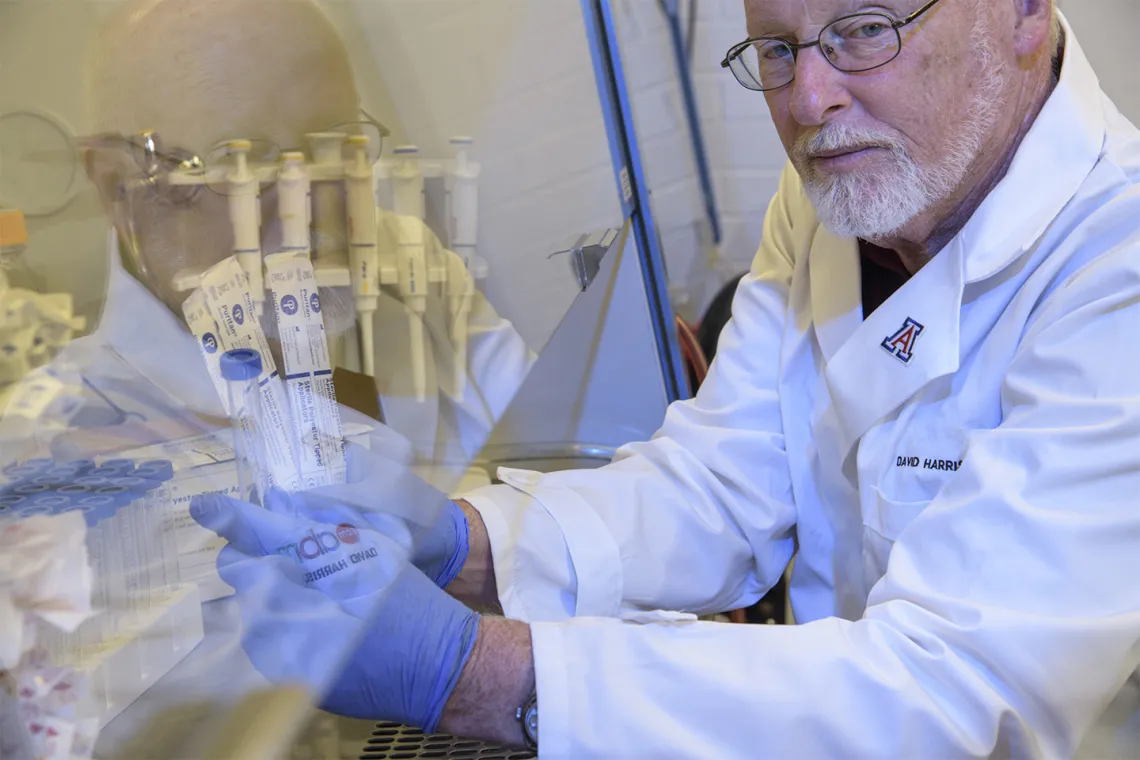 David T. Harris, PhD, holds up items from a sample collection kit under a serial hood.