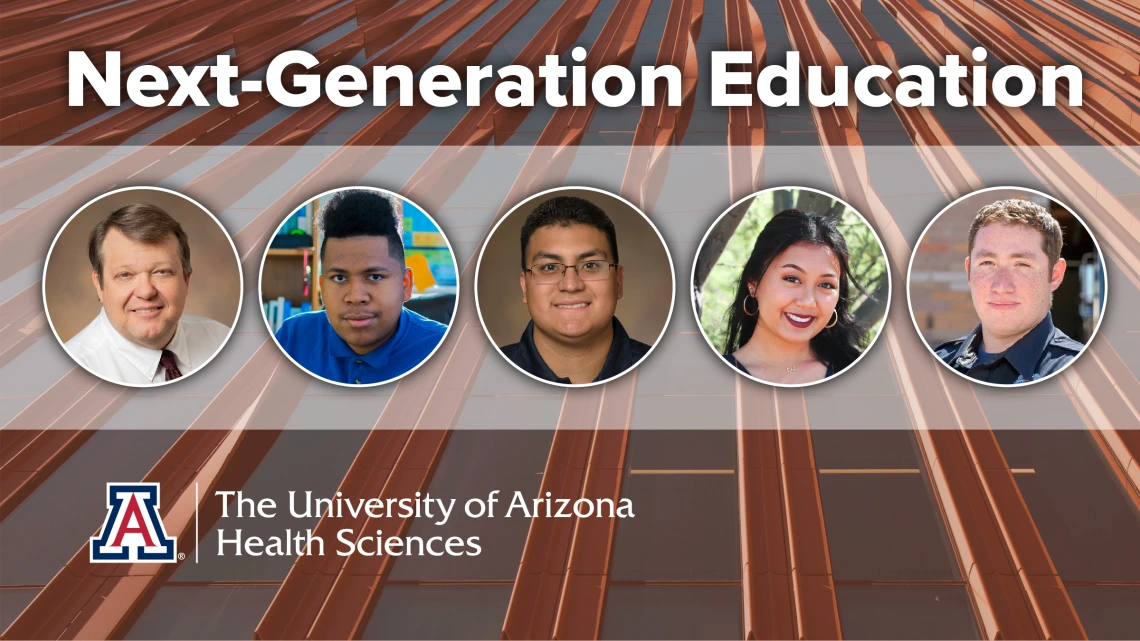 Five graduating students who studied at Health Sciences colleges or centers: (from left) Jeffrey A. Asman, Meucci Ilunga, Victor Miranda, Samantha Dando, Erik Ceron.