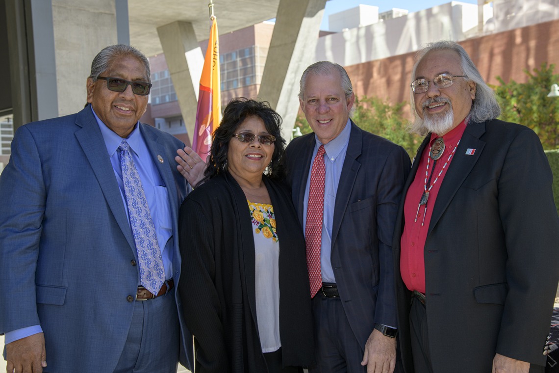 From left: Chairman of the Tohono O’odham Nation Ned Norris, Pasqui Yaqui tribal member and State Sen. Sally Ann Gonzales, University of Arizona President Robert C. Robbins, MD, and Assistant Dean of Curricular Affairs Carlos Gonzales, MD