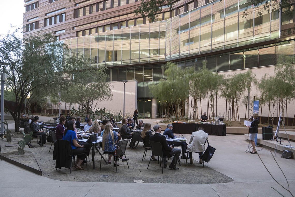 Participants in the HealthTech Connect Innovations in Healthy Aging event enjoy lunch in the “Canyon” on the Phoenix Biomedical Campus while listening to a presentation by Kathleen C. Insel, PhD, RN, on age-friendly universities. 