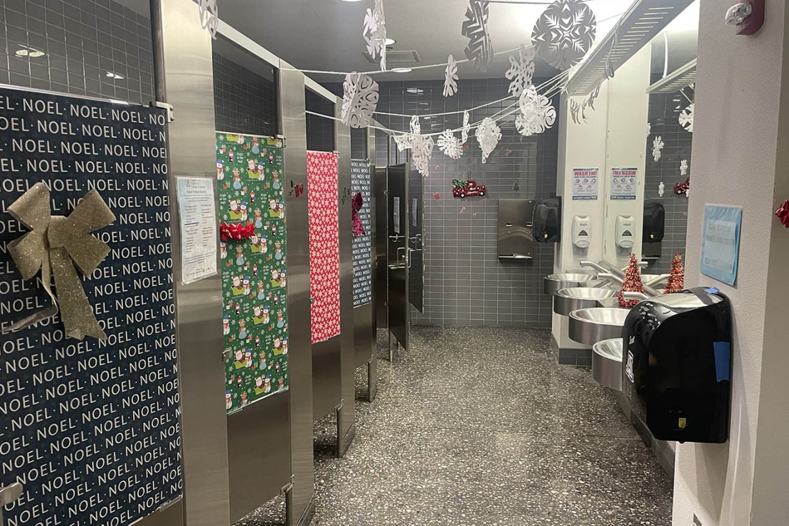 Jingle bells, jingle bells, jingle all the way . . . to the restroom? The R. Ken Coit College of Pharmacy Office of Student Services team took their office decorating to a new level this year. Both bathrooms in Drachman Hall are flush with holiday cheer.