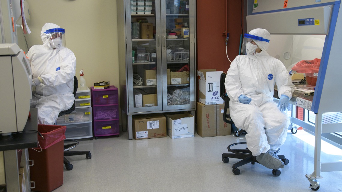 Researchers wear personal protective equipment and work six feet apart to protect themselves and one another from the spread of the virus that causes COVID-19.