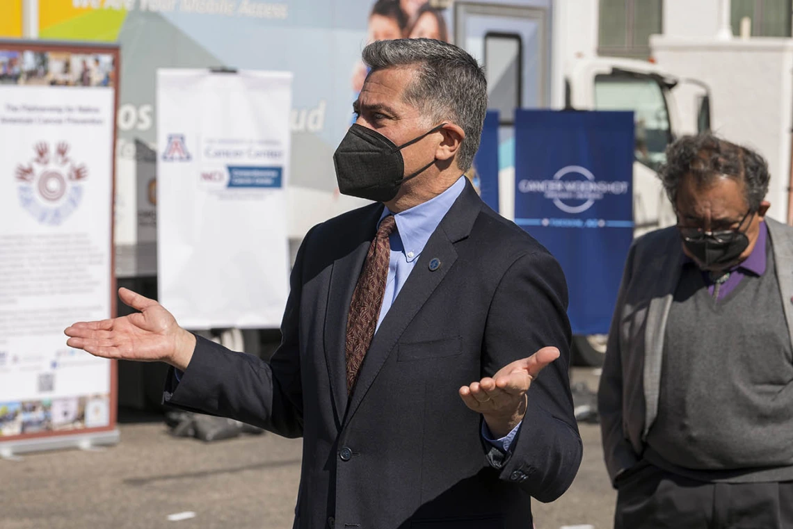 Xavier Becerra, secretary of the U.S. Department of Health and Human Services, accompanied first lady Jill Biden, EdD, on a tour of the San Xavier Health Center in the San Xavier District of the Tohono O’odham Nation on March 8, 2022.