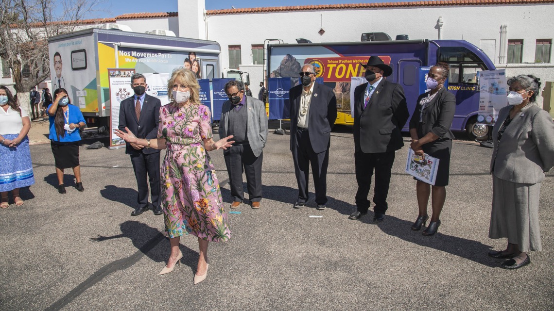 First lady Jill Biden, EdD, spoke with members of the UArizona Cancer Center and the Tohono O’odham Nation during her visit to the San Xavier Health Center to promote the Cancer Moonshot initiative on March 8, 2022.  